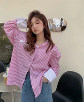 womens chic oversize loose stripe blouse casual long sleeve single breasted shirt lady patchwork color blouse outwear top
