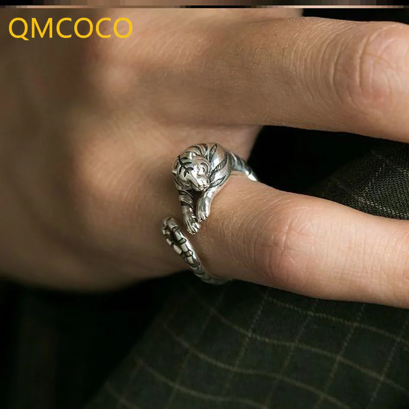 Фото QMCOCO Креативный дизайн панк тигр животное открытое регулируемое кольцо серебряного цвета модное для женщин мужчин Ретро хип-хоп ювелирные и... №1