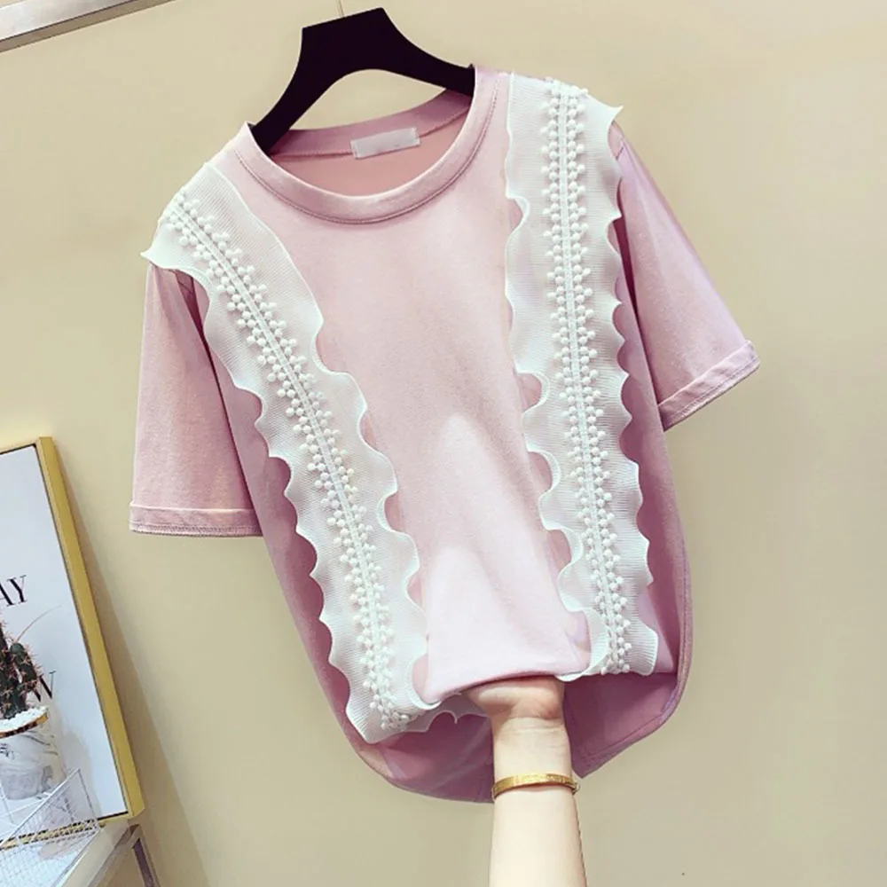 

2022 New Spliced Lace T-shirt Summer Women O-neck Simple Short Sleeve Tops Fashion Designed Beading Tee Ruffles Ropa Mujer