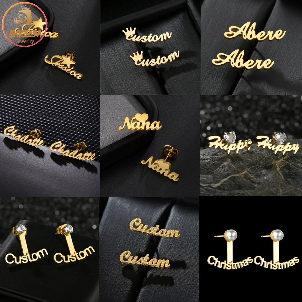 Akizoom Personalized Custom Name Stud Earrings for Women Customized Stainless Steel Nameplate Letter Earring Girl Birthday Gift