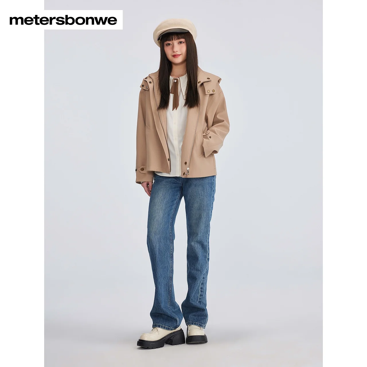 Metersbonwe-Женская короткая свободная базовая ветровка со съемным капюшоном