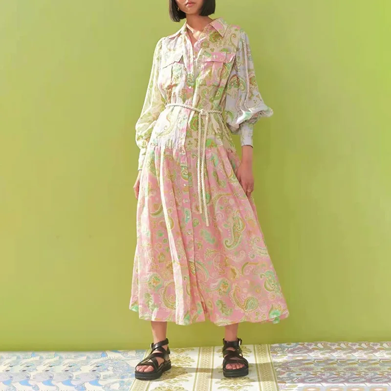 

Шифоновая длинная юбка, Новинка весна-лето 2022, элегантное однорядное платье с отложным воротником и застежкой на поясе, свободное платье