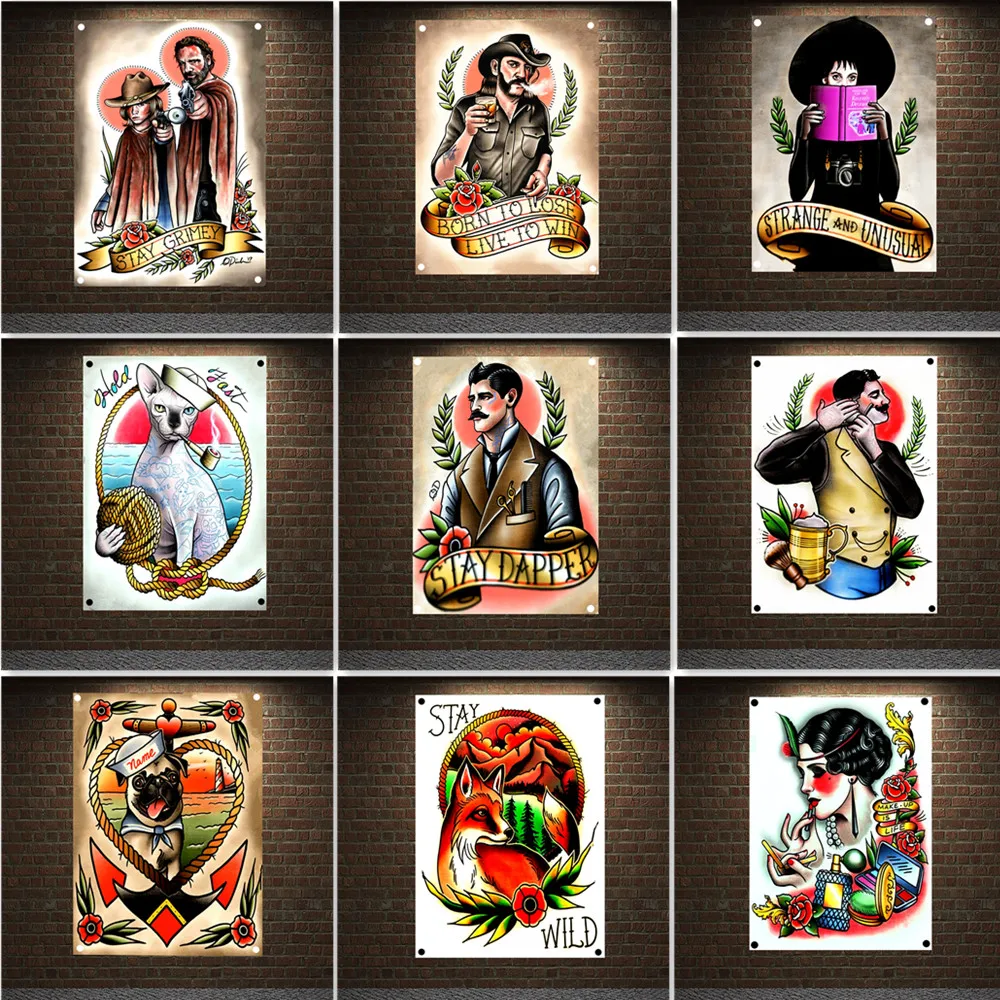 

Creative Tattoo Art Movie Poster Wall Hanging Cloth Canvas Painting Tapestry Tattoo Parlor Barber Shop Wall Decor Banner Flag A1