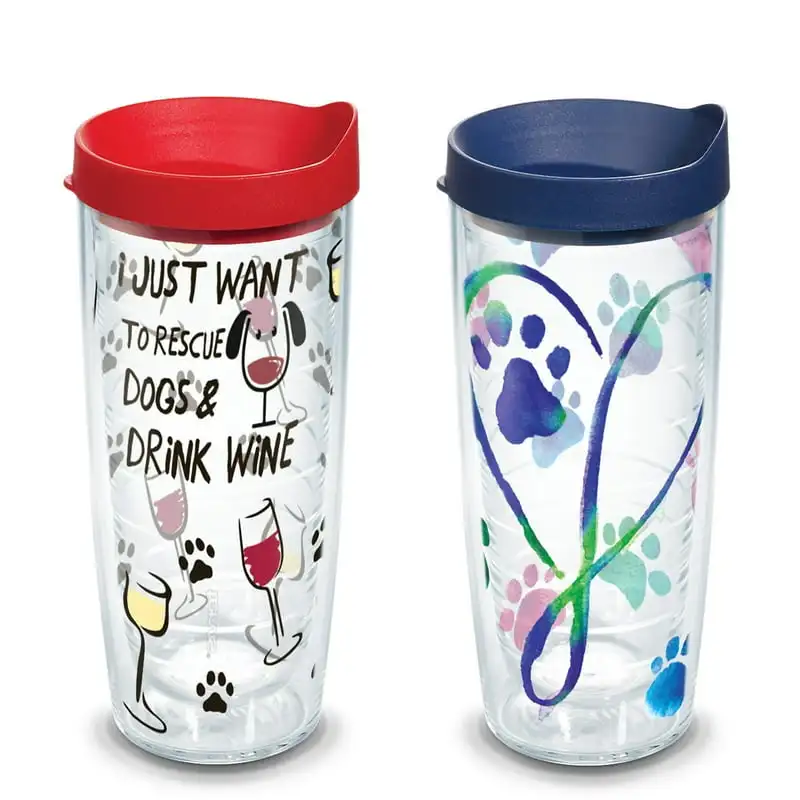 

Just Want to Rescue Dogs & Drink Wine 16 oz Tumbler with Red lid and Dog Paws Script Heart 16 oz Tumbler with navy lid