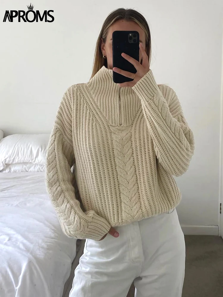 

Aproms Solid Soft Ribbed Knitted Half Zipper Sweaters and Pullovers Women Winter High Neck Long Sleeve Oversized Jumper 2022