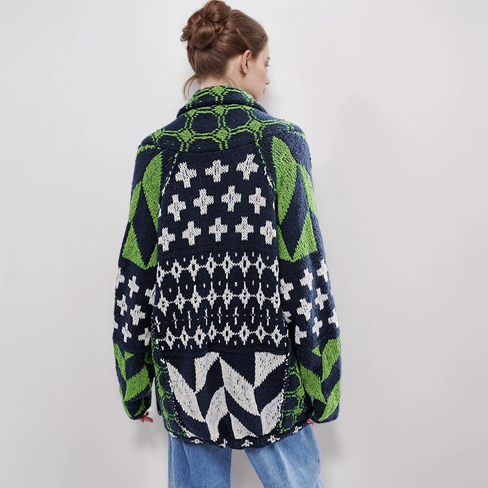 Женский вязаный мешковатый Длинный пуловер с абстрактным принтом и лацканами 2024