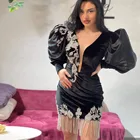 Черные роскошные вечерние платья с глубоким V-образным вырезом, короткое платье для выпускного вечера, коктейльное мини-платье с длинным рукавом, мужские платья, вечерние платья