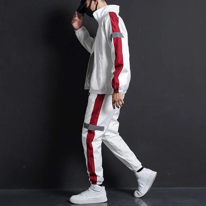 2023 Men Fashion Tracksuit Spring Autumn Reflective Sweatshirt +Sweatpants Tracksuit Set Men New Patchwork Slim Fit Sweat Suits