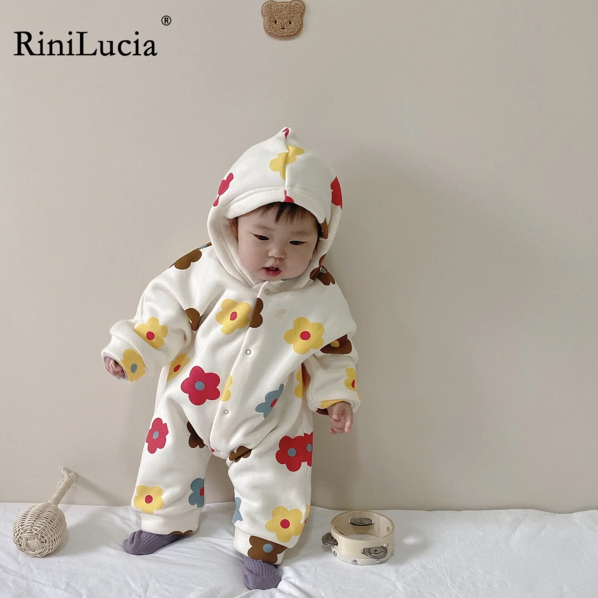 

RiniLucia 2022 Autumn New Baby Long Sleeve Floral Romper Newborn Infant Boys Girl Casual Hooded Jumpsuit Cotton Baby Clothes