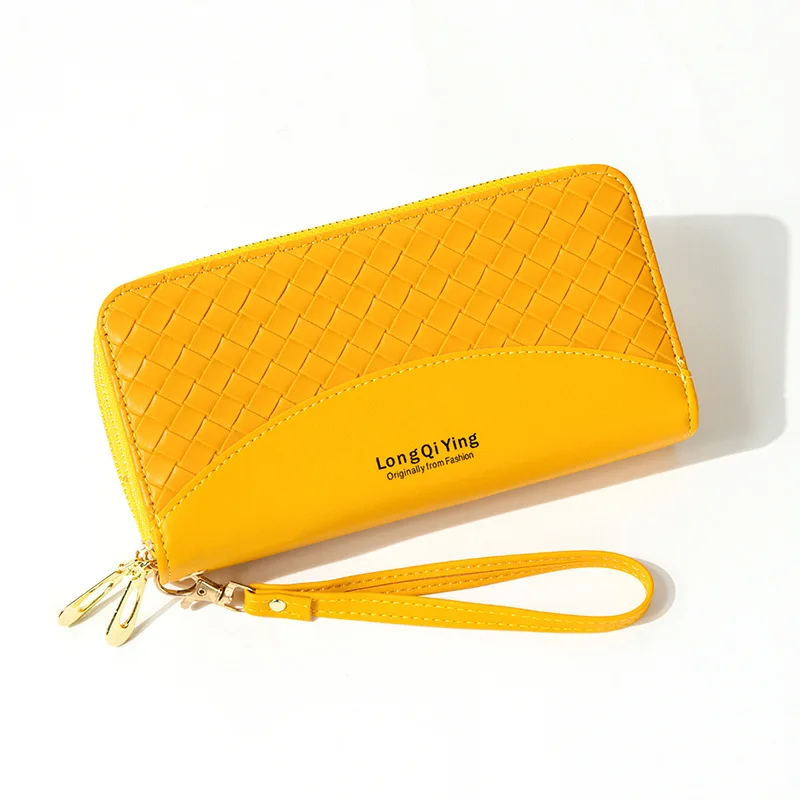 

New Women Long Versatile Double Zipper Weave Large Capacity Mobile Phone Bag Clutch Soft Coin Purse Multifunction Card Holder