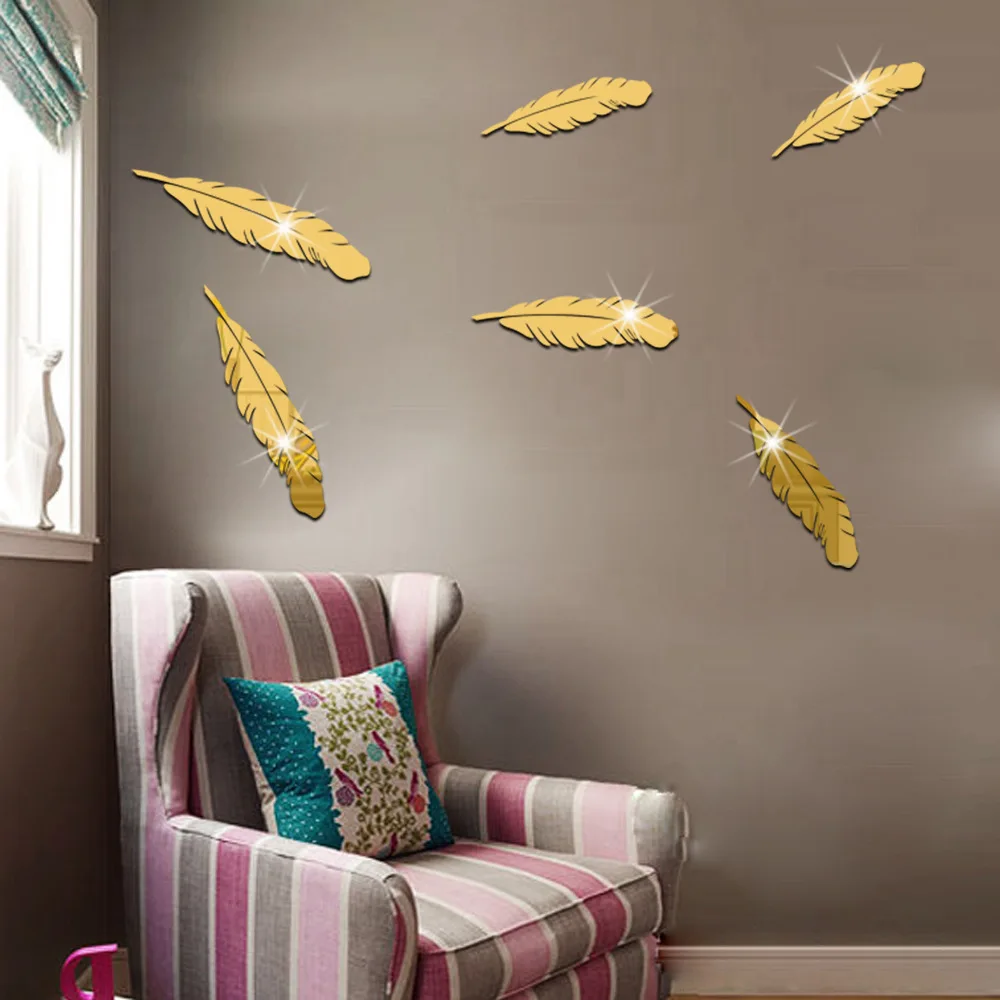 

6 Pcs Feather Shaped Acrylic Mirror Wall Stickers Mirror Mural Bedroom Living Room Decor Home Decoration Accessories