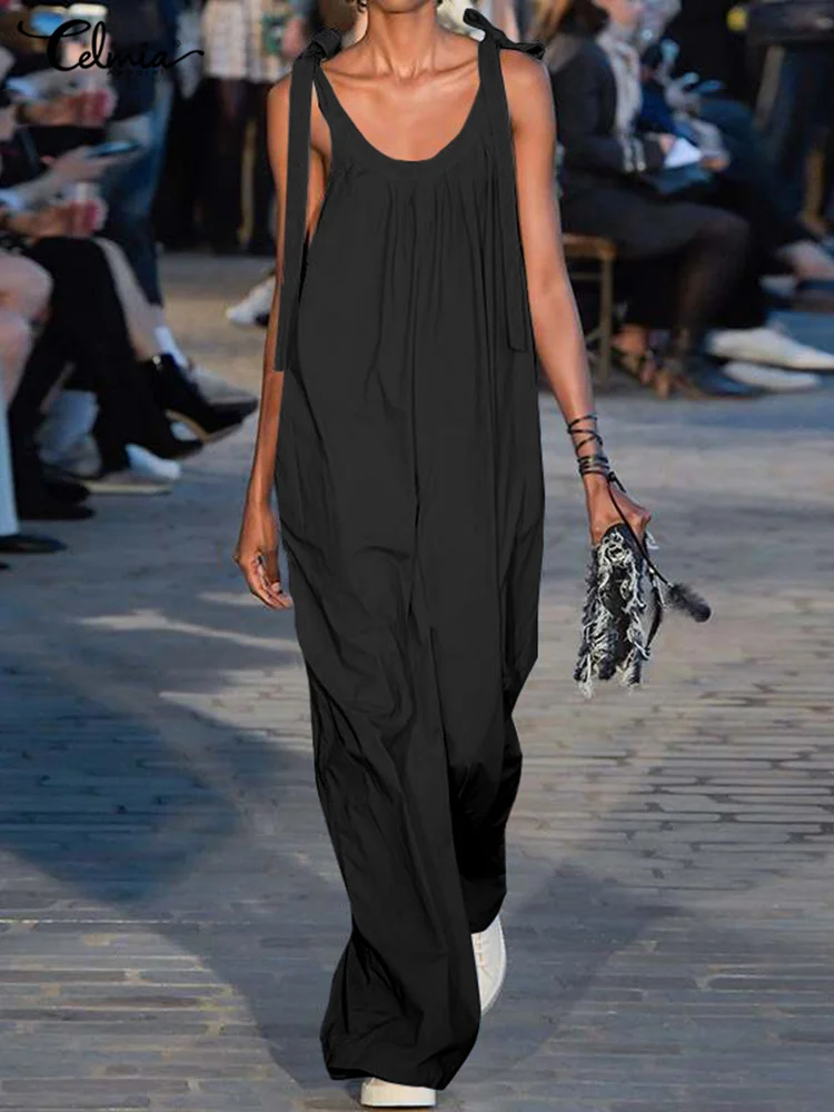 

Celmia Sleeveless Lace Up Long Jumpsuit Women 2022 Fashion Street Wide Leg Pants Overalls Casual Dungarees Suspenders Rompers