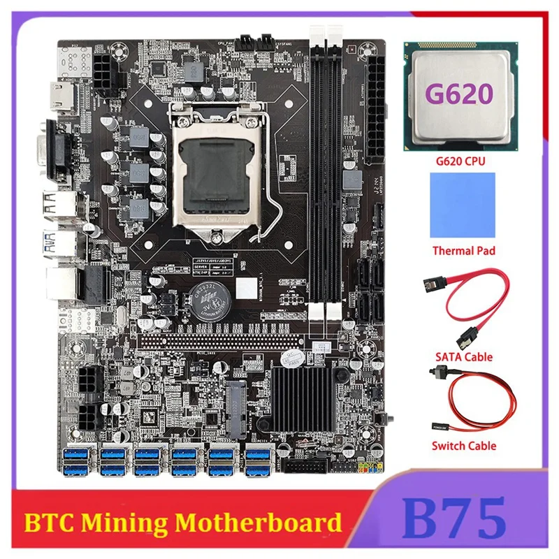 

B75 ETH Mining Motherboard 12 PCIE To USB With G620 CPU+SATA Cable+Switch Cable LGA1155 MSATA DDR3 B75 USB BTC Mining