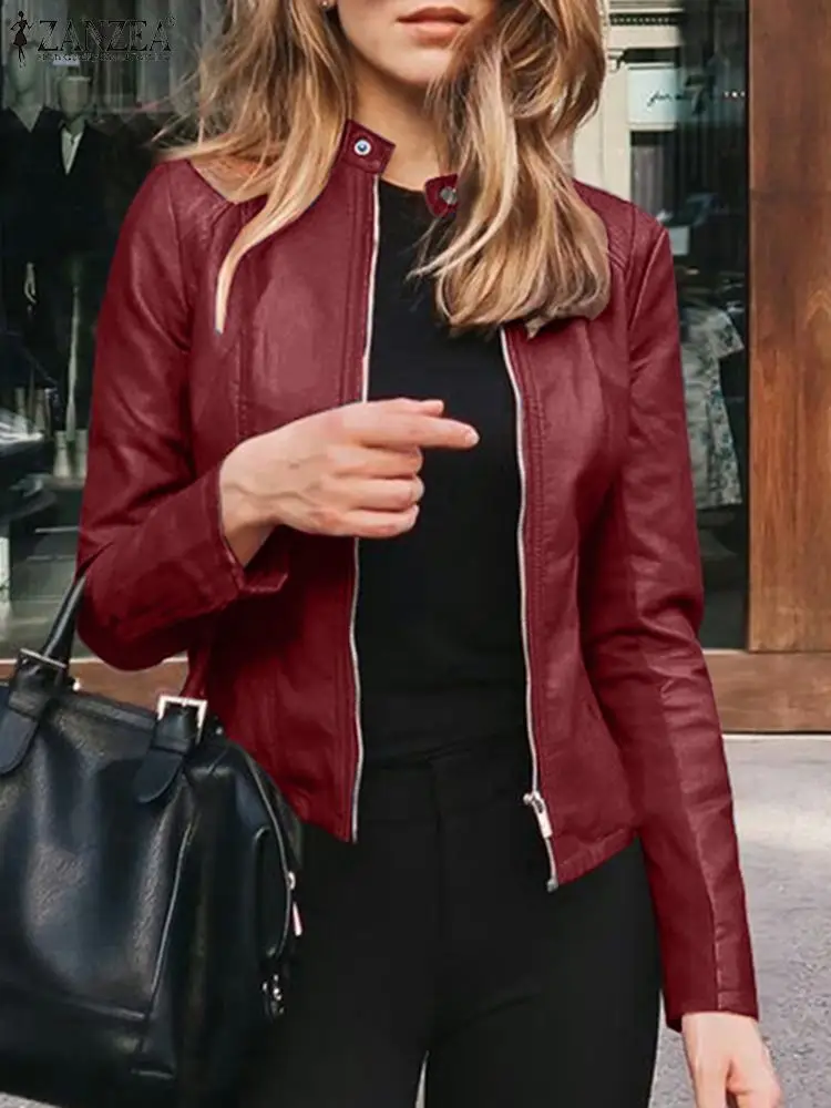 

2022 ZANZEA Autumn Office OL Work Women Coats PU Leather Casual Jackets Fashion Long Sleeve Elegant Leather Overcoats Streewear