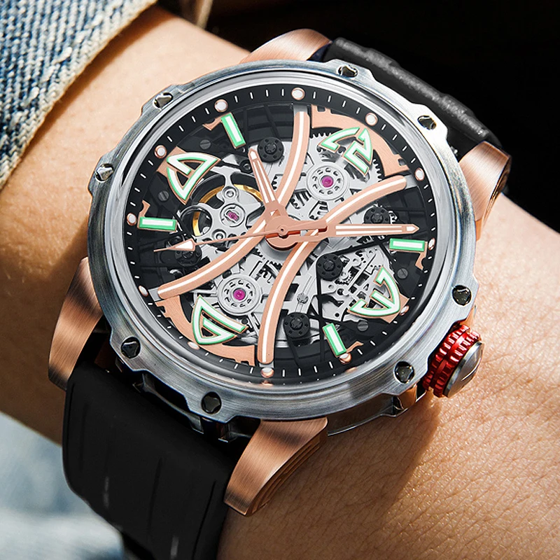 

HANBORO Men Watch Top Luxury Brand Automatic Watches Waterproof Luminous Mechanical Wristwatch Skeleton Rubber Band Reloj Hombre