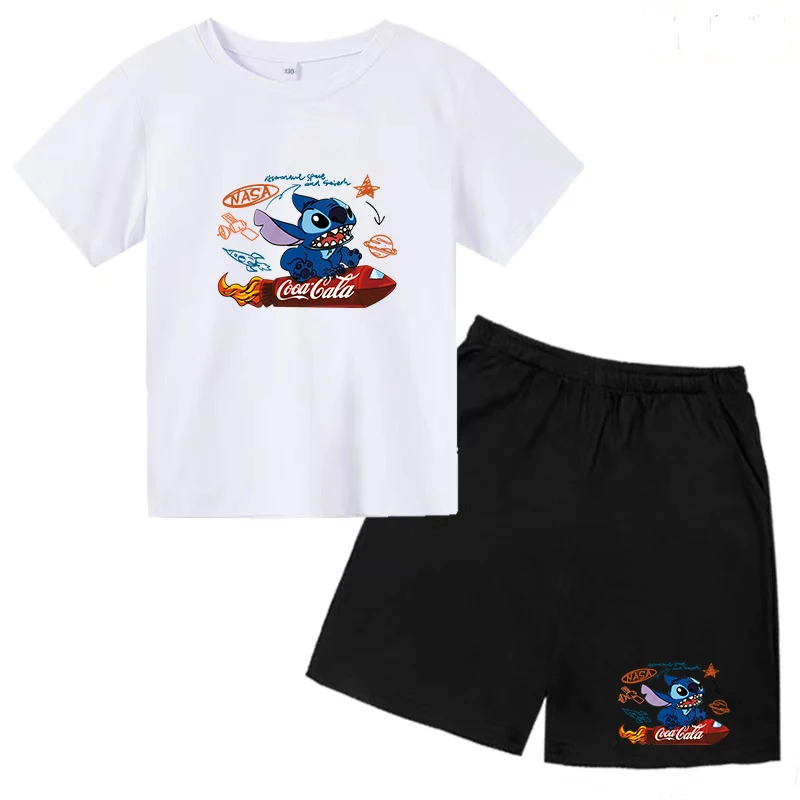 Disney Casual Cartoon Lilo & Stitch Printed Pattern T-shirt Children's Suit Summer Kawaii Charming Shirt Loose Short Sleeve Top