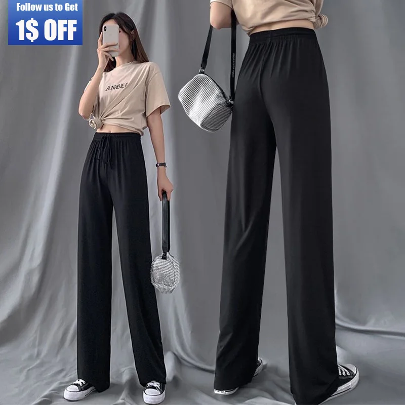 2023 New Women Pants Summer Ice Silk Wide Leg Pants High Waist Casual Pants Female Slim Loose Black Straight Trousers 캐주얼 바지