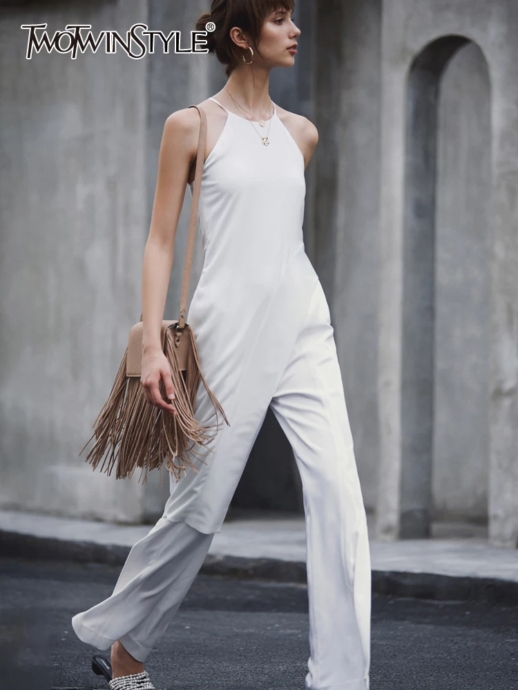 

TWOTWINSTYLE High Street White T Shirt For Women Halter Collar Sleeveless Irregular Hem Solid Minimalist T Shirts Female Clothes