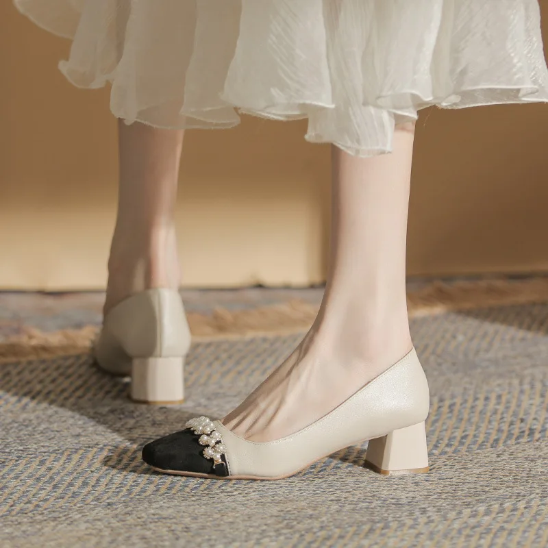 2023 Spring And Autumn New French Square Headed Thick Heels and Shallow Mouth Colored Beaded Thick Heels for Women Shoes