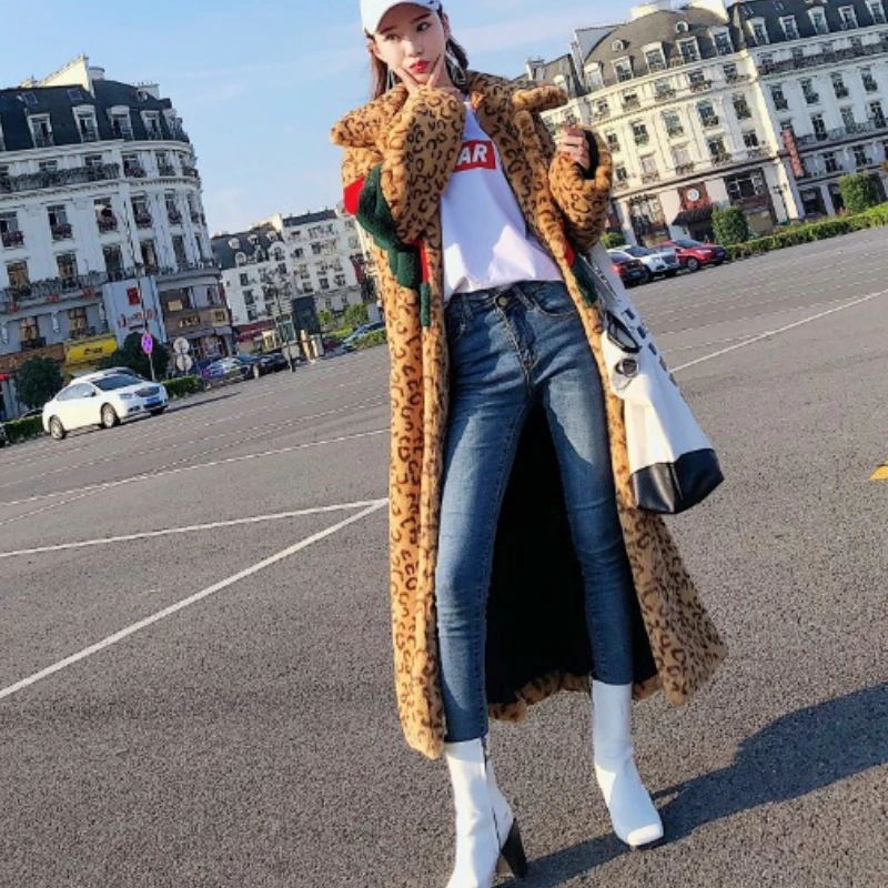 Winter Women's Faux Fur Coat Oversized Super Hot Coats Parkas Thickened Long Faux-fur Jacket Leopard Print Loose New