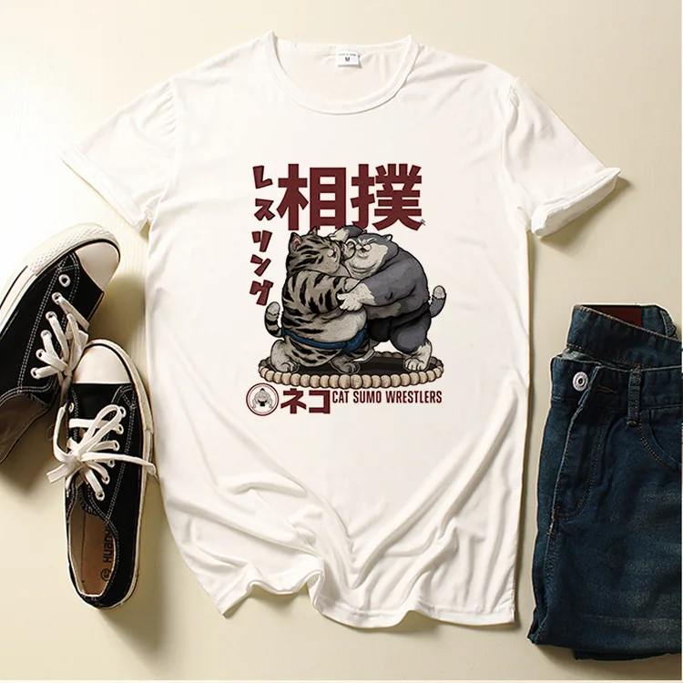 Мужская модная повседневная футболка с рисунком кошки сумо коротким рукавом