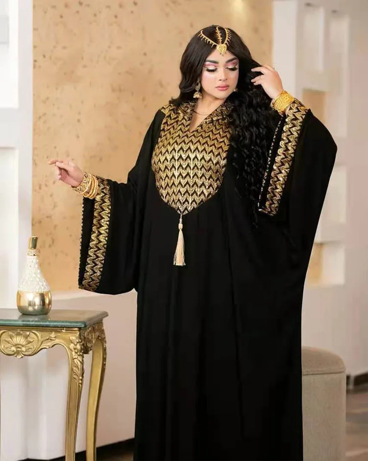 

Черные платья макси в горошек с Африканским принтом, женское шифоновое платье с длинным рукавом, комплект из 2 предметов, мусульманские Модн...