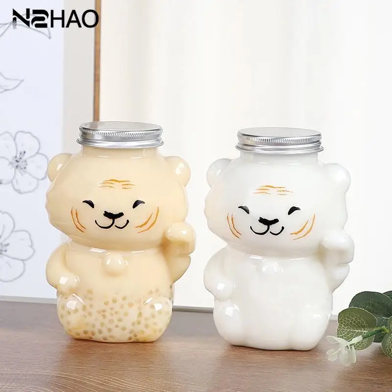 450/500ml Milk Tea Cup Cartoon Bear Tiger Water Bottle Glass Cup Milk Water Drinking Cup Disposable Drinkware