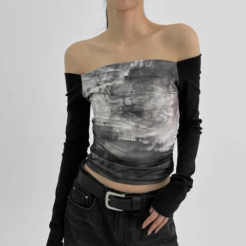 Neploe Print Slim Commuter Simple Korea Chic Top Женский корейский шикарный топ со вставками и разрезом на шее Y2K Футболка Шарф Harajuku 2000S Mujer