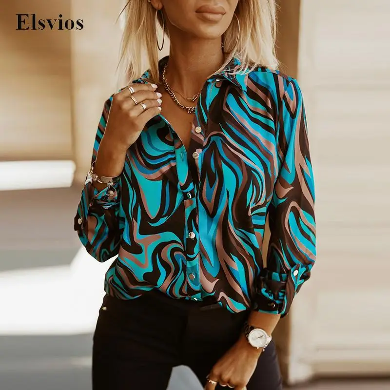 

Женская офисная блузка с длинным рукавом, элегантная однобортная рубашка с лацканами и модным принтом, повседневный весенний кардиган для ...