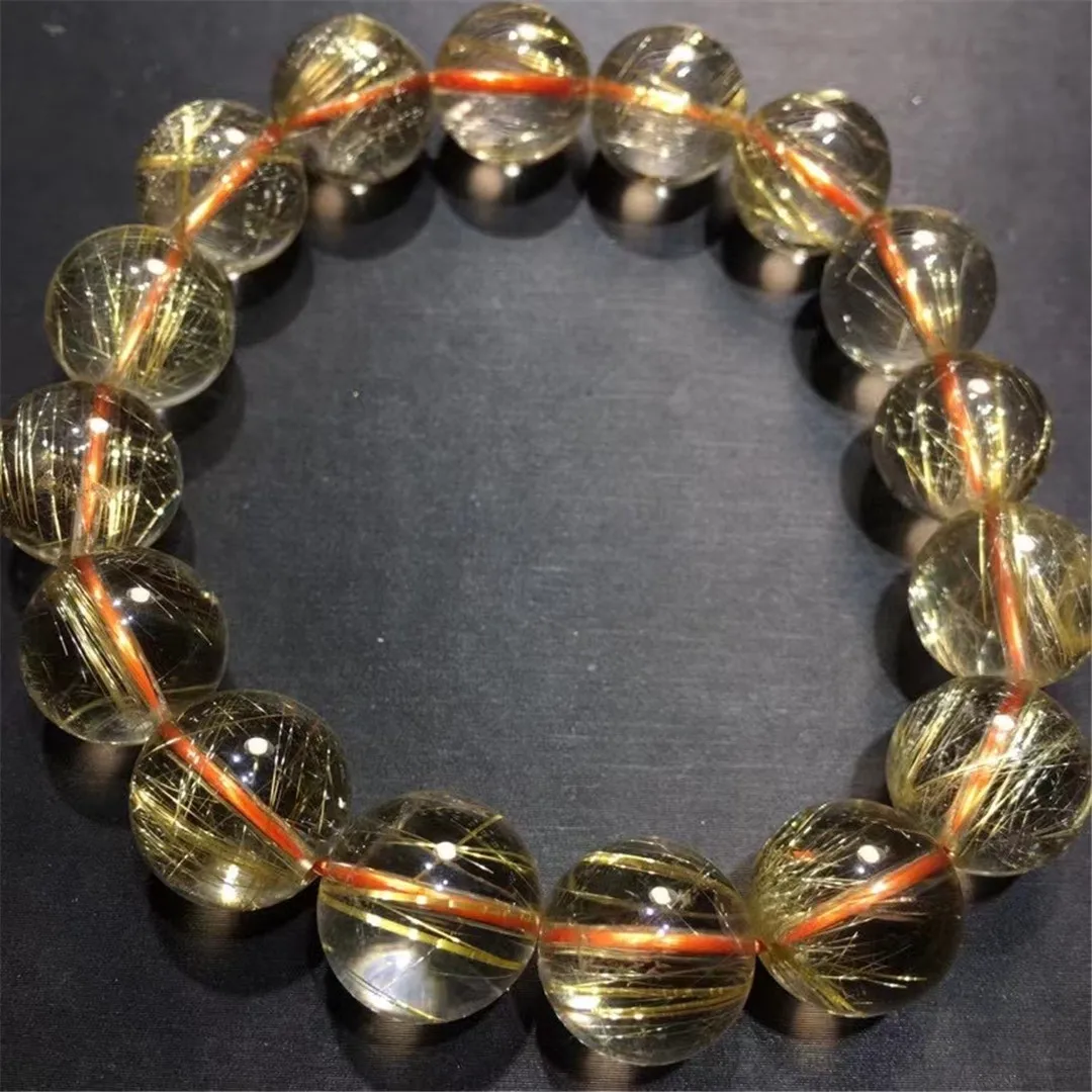 

Браслет из натурального золота с рутилированными кварцевыми бусинами, 13 мм