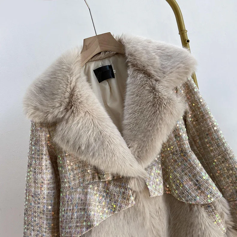 Faux Fur Coat Women 2022 Autumn Winter Patchwork Sequins Long Tweed Jackets Female Casual Elegant Loose Turn Down Collar Outwear