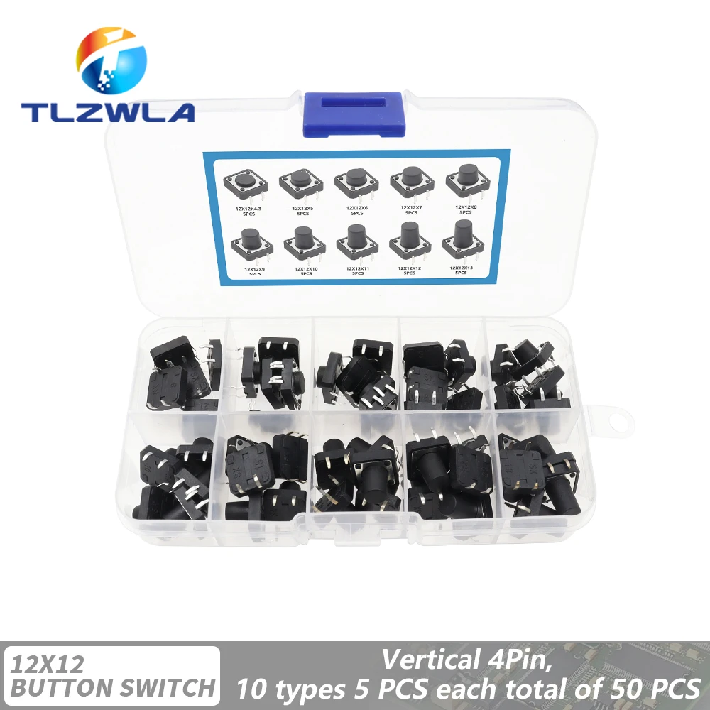 

Тактовый переключатель 12*12, Тактильный кнопочный переключатель высотой 4,3 5 ~ 13 мм DIP SMD 4P, 50 шт., 10 моделей, микро-переключатель 12x12