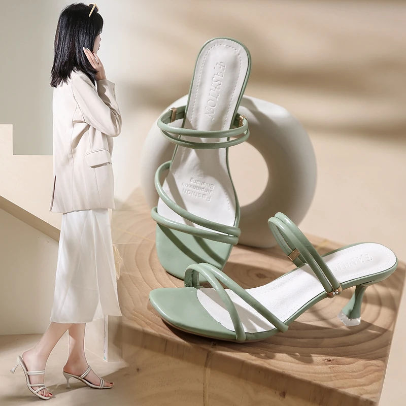 

Women's Sandals 2022 Ladies Square Heels Elegant Summer Slippers Outside Cross Tied Leather Female Slides Fashion Woman Sandals