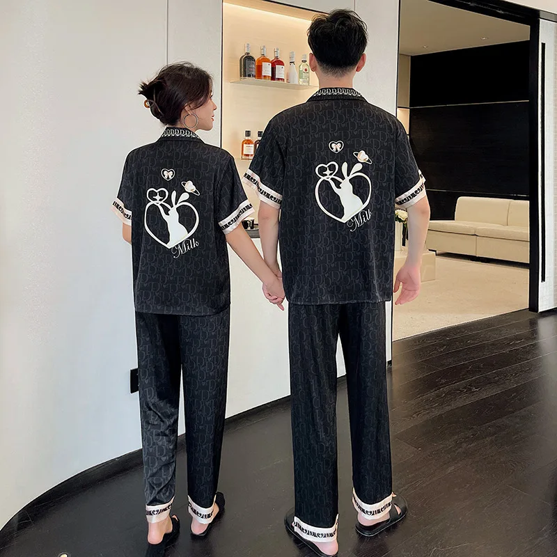 Luxury Pajama Suit Couple Pajama Set Silk Satin Vintage Print Love Design Sleepwear Summer Men&Women 2 Piece Sets Slim Homewear