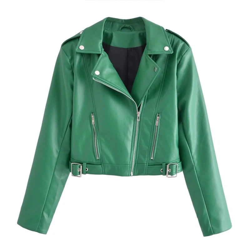 Turquois Women's spring fall leather jacket Korean style Short Zipper motorcycle jacket PU coat Female Clothing 2022 INKEO 2O101