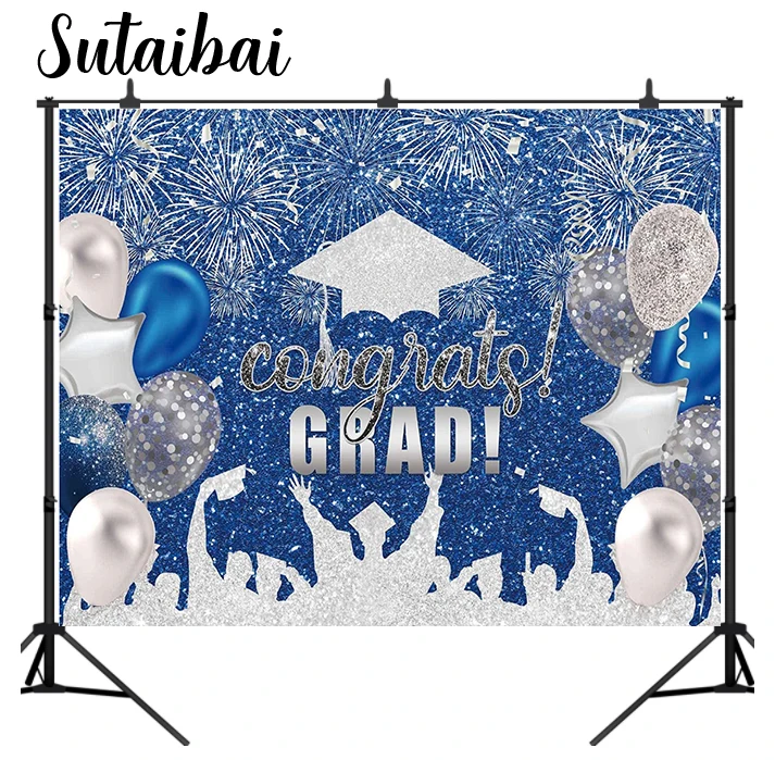 

Blue and Silver Graduation Photography Backdrop Class of 2022 Background Bachelor Cap Glitter Balloon for Grad Congrats Party