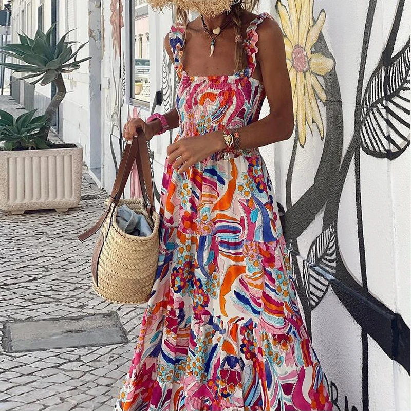 

Elegant Off Shoulder Pleated Party Dress Summer Pattern Print Slash Neck Loose Dress Female Casual Backless Vacation Beach Dress