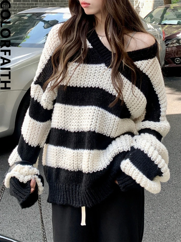 

Colorfaith Новинка 2022, шикарные корейские Модные Винтажные элегантные свитера в полоску, негабаритные вязаные женские осенне-зимние топы SW5075JX