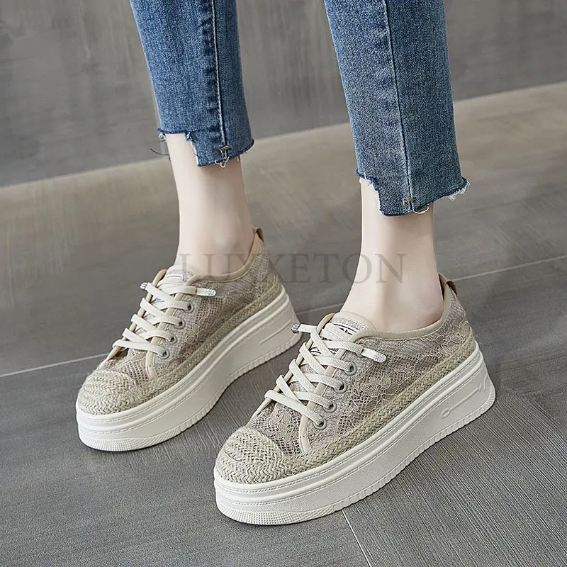 Ladies Lace Mesh Casual Shoes Autumn Fashion Thick Sole Women's Sneakers New Comfortable Color-blocking Female Vulcanized Shoe