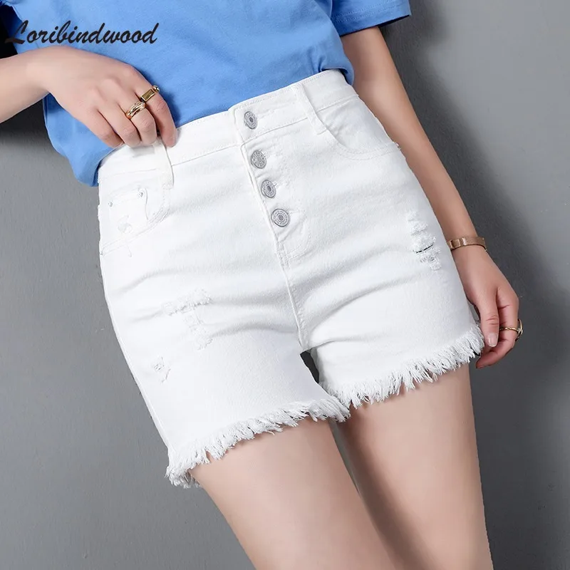 

Real Shot White Denim Shorts High Elastic New High Waist Breasted Loose Student Ripped Wide-Legged Slimming A- line Hot Pants