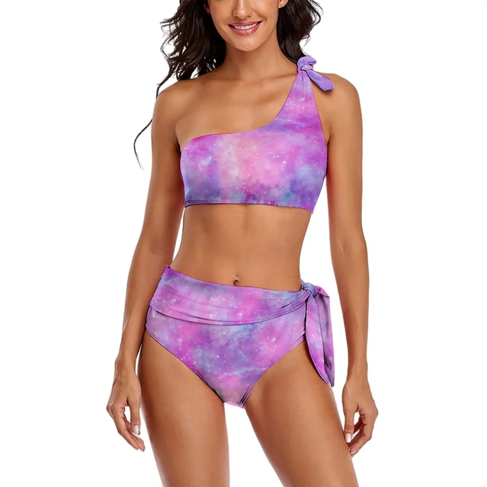 

Galaxy Design Bikinis Set Pink And Blue Bikini Swimsuit Sexy One Shoulder Stylish Swimwear Rave 2 Pieces Beach Outfits