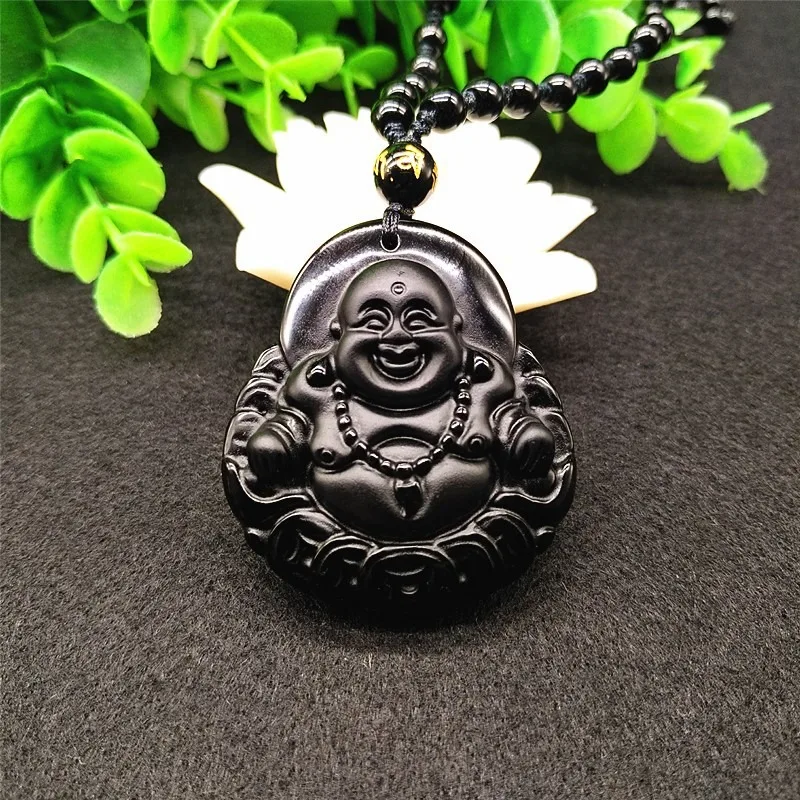 

Natural Genuine Black Obsidian Buddha Pendant Necklace Bead Fashion Charm Jewelry Gemstone Accessories Amulet Gift for Women Men