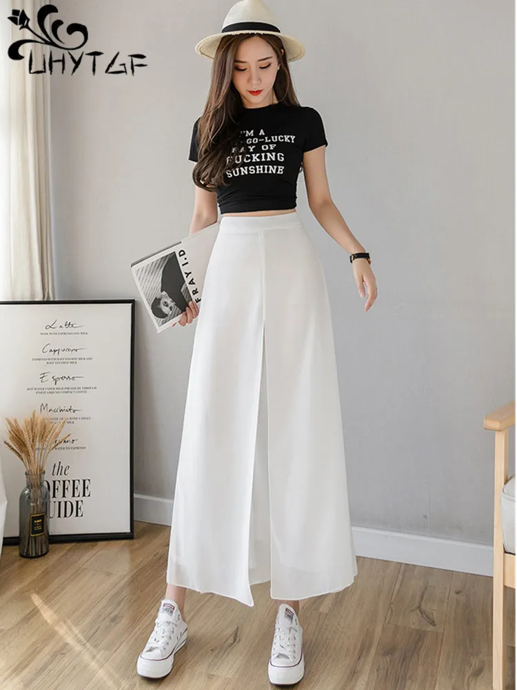 UHYTGF Summer Women Pants Chiffon Nine Points Trouser Skirt Fake Two-Piece Set Wide Leg Pants Thin New Ladie Nine Points Pants20