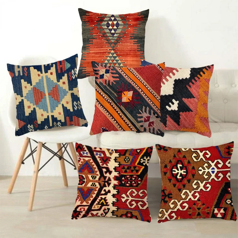 

Bohemian Patterns Linen Cushions Case Multicolors Abstract Ethnic Geometry Print Decorative Pillows Case Living Room Sofa Pillow