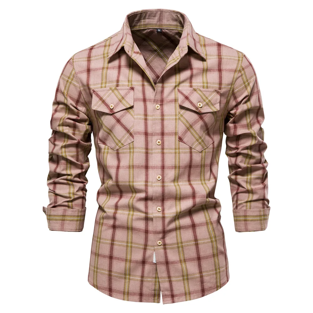 2022 New Casual Cotton Plaid Shirts for Men Luxury Social Dress Shirt Long Sleeve Checkered Men's Top Clothing