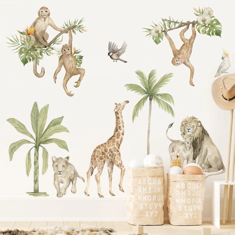 

Boho African Giraffe Monkeys Wild Animals Tropical Tree Watercolor Vinyl Wall Sticker Nursery Decals Kids Boys Room Home Decor