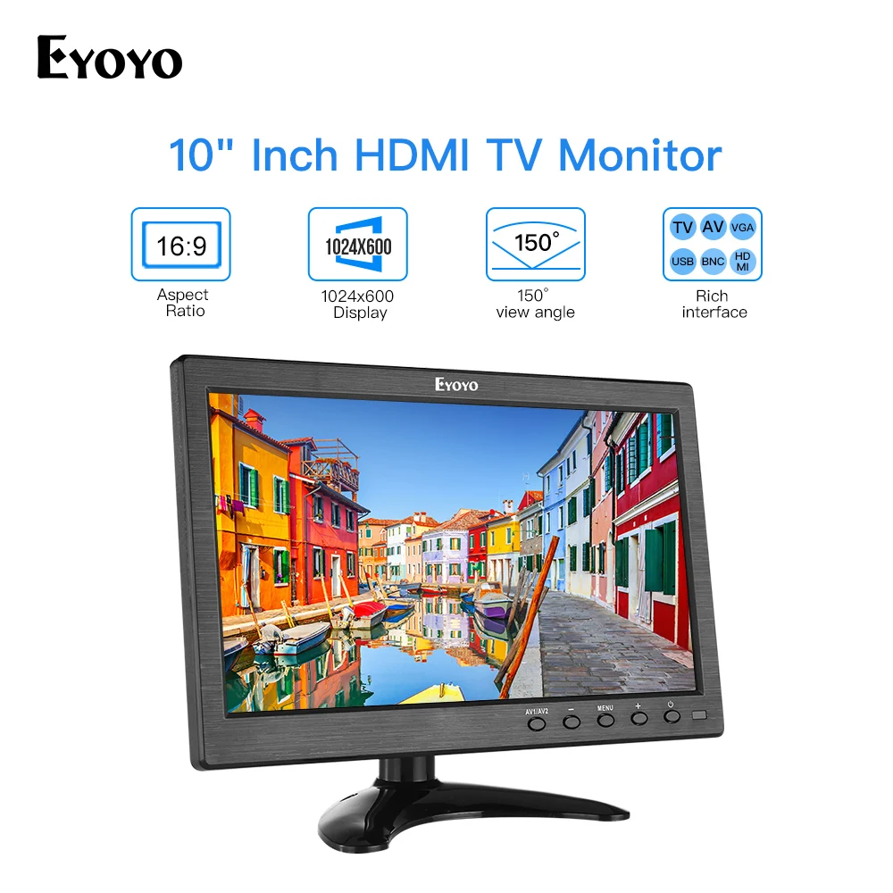 Фото Маленький IPS ТВ-монитор Eyoyo 10 дюймов, ЖК-экран 1024x60 0 С VGA AV USB, дистанционное управление, для DVD, ПК, CC ТВ, система безопасности №1