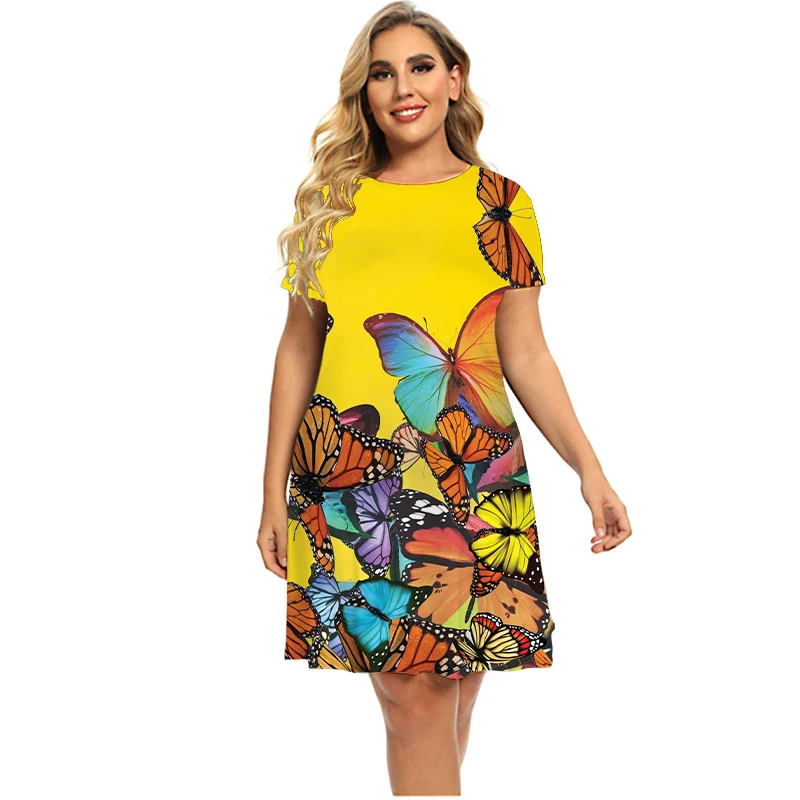 Женское платье с 3D-принтом бабочки синее повседневное пляжное средней длины лето