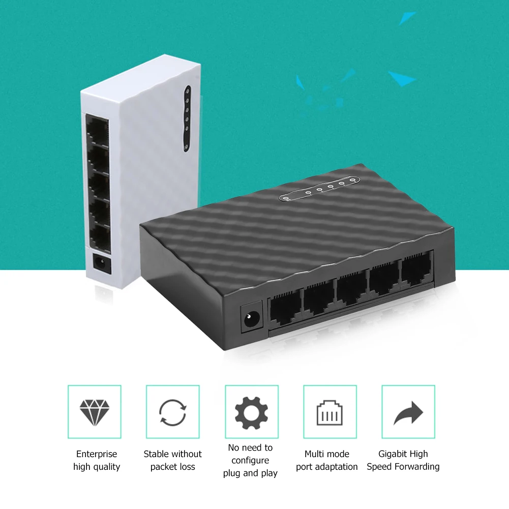

Mini 5 Port Desktop 1000 Mbps Network Switch Gigabit Fast RJ45 Ethernet Switcher LAN Switching Hub Adapter Full duplex Exchange