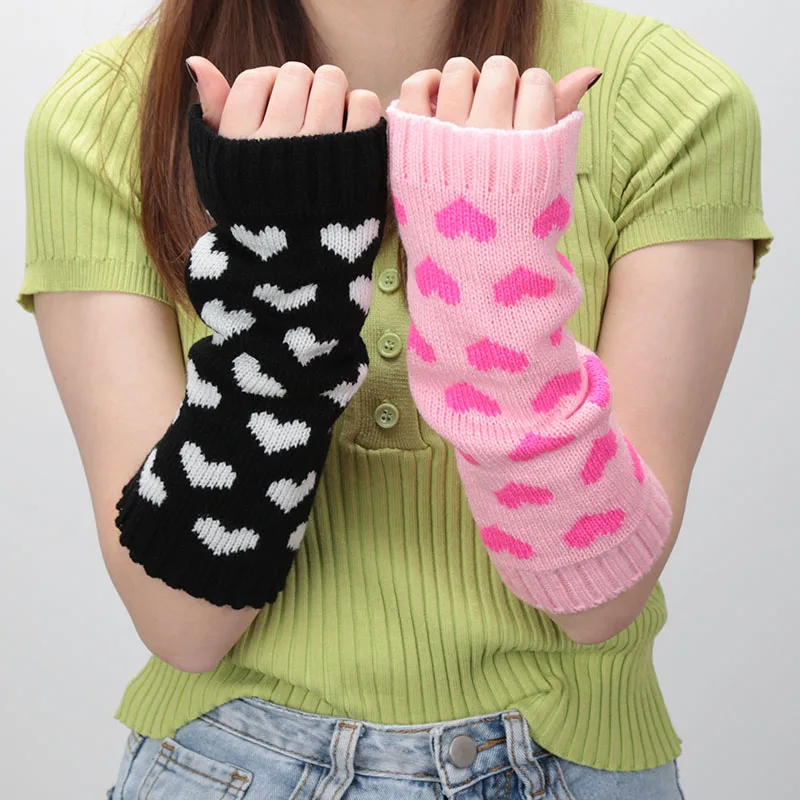 1 Pair Women Gloves Japanese Kawaii Lolita Arm Sleeve Girl Arm Crochet Knitting Gothic Heart Warm Fingerless Warmer Winter Glove images - 6